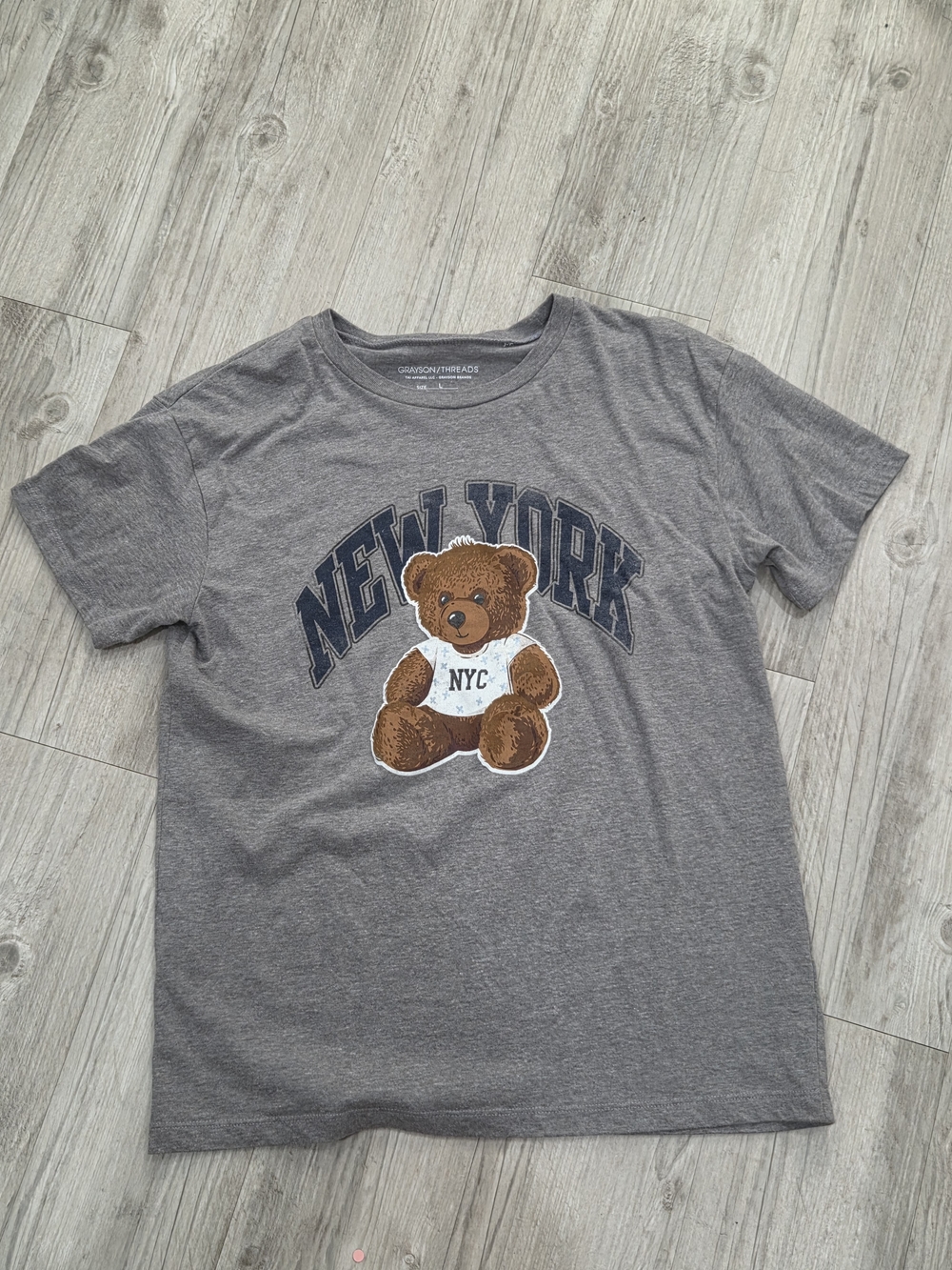 Grayson Threads Gray Short Sleeve Tee with Brown Teddy & Navy 'New York' Graphic